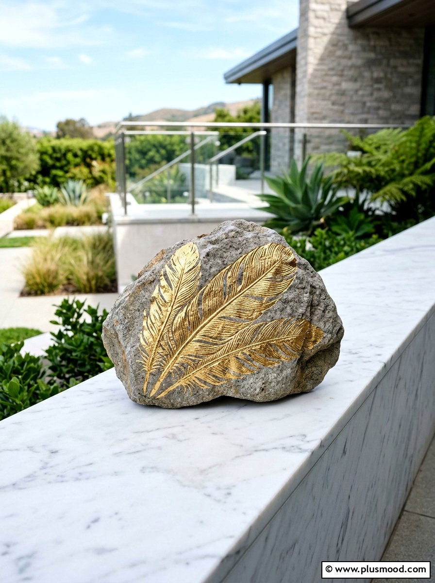 Gold Dipped Feather - 25 painted rock ideas with feather design