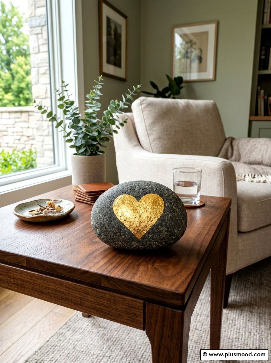 Gold Leaf Heart Rock - 25 painted rock ideas for valentines day