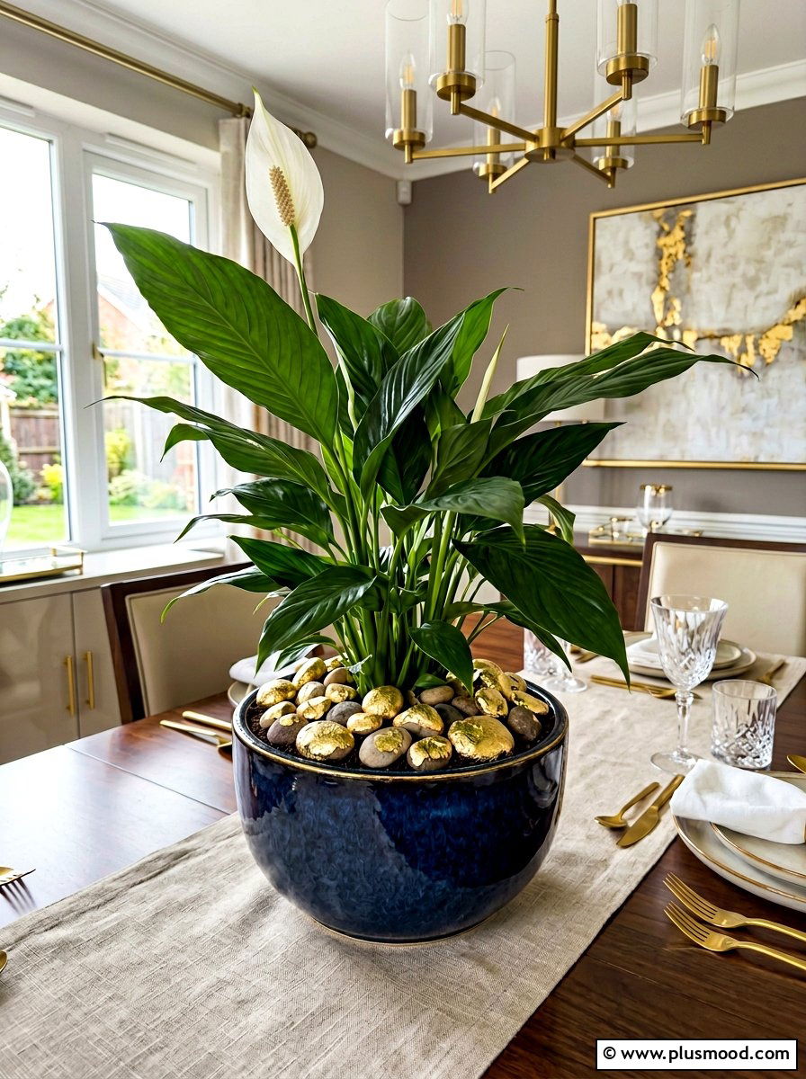Gold leaf accent river stone - 25 painted rock ideas for plant pot decoration