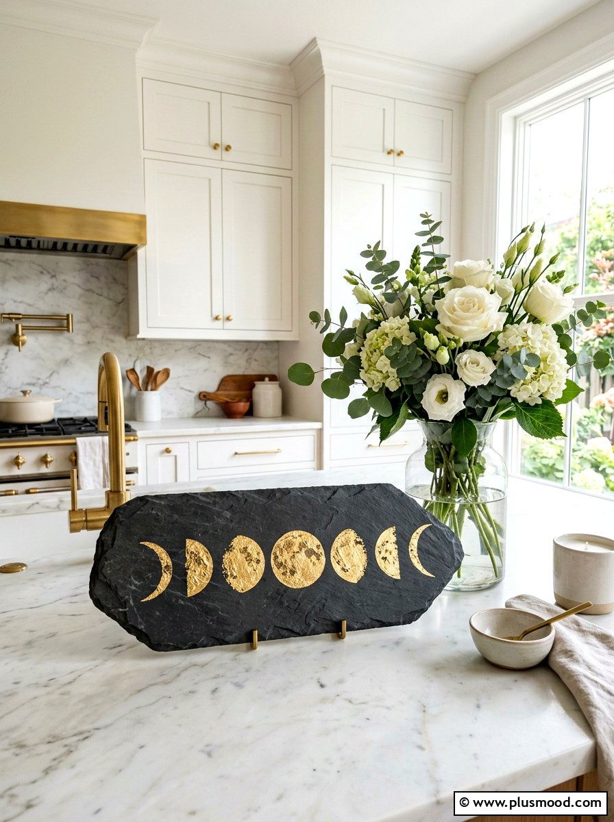 Gold leaf lunar art - 25 painted rock ideas with moon phases