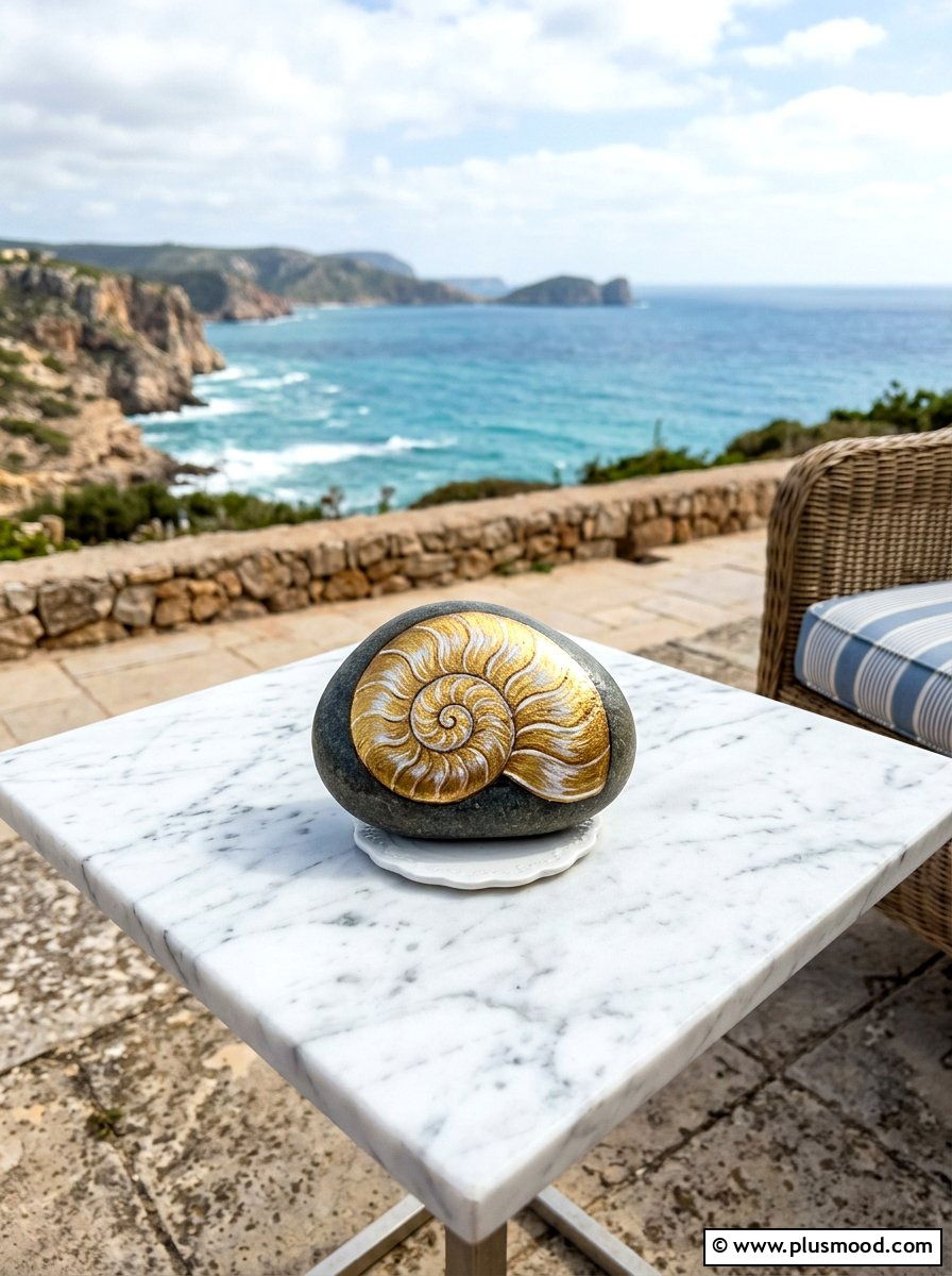 Golden Sea Shell - 25 painted rock ideas with beach theme