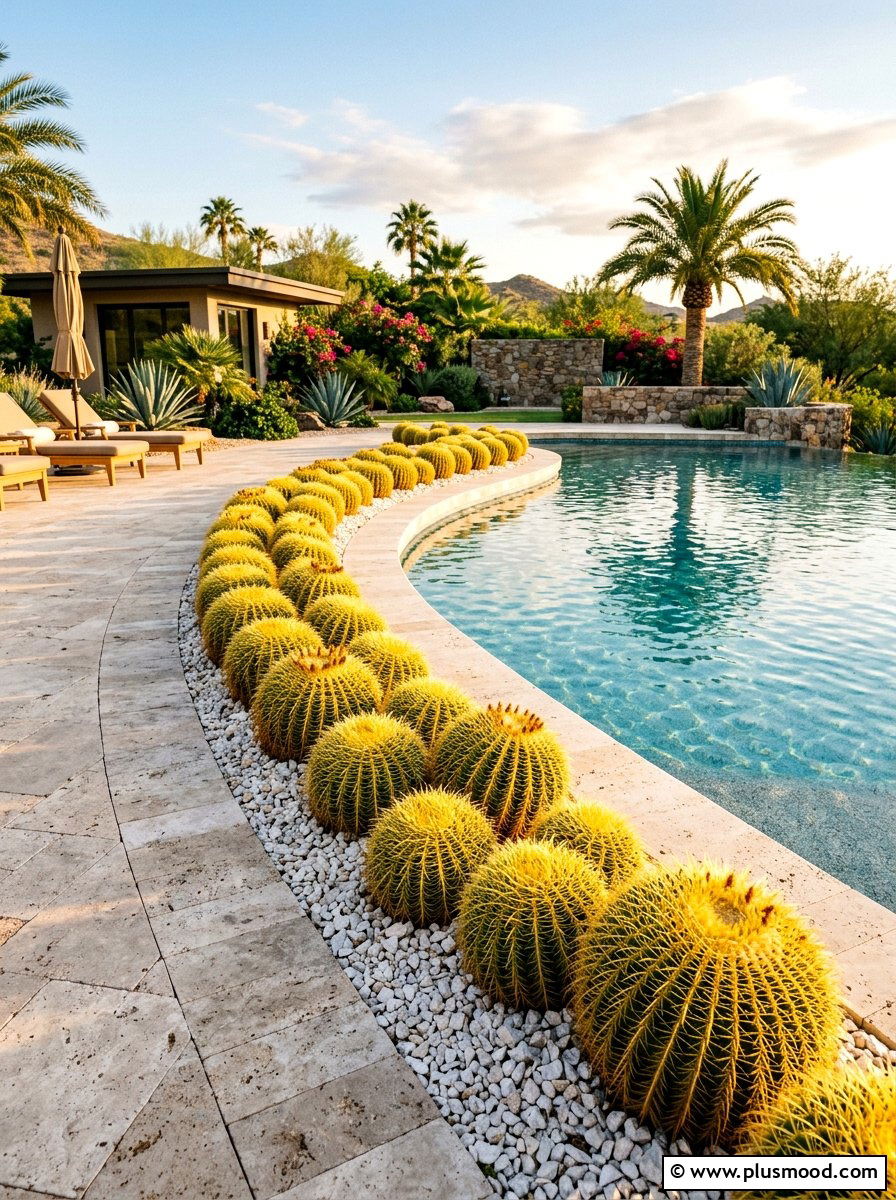 Golden barrel cactus pool border - 25 pool landscaping ideas with cactus garden
