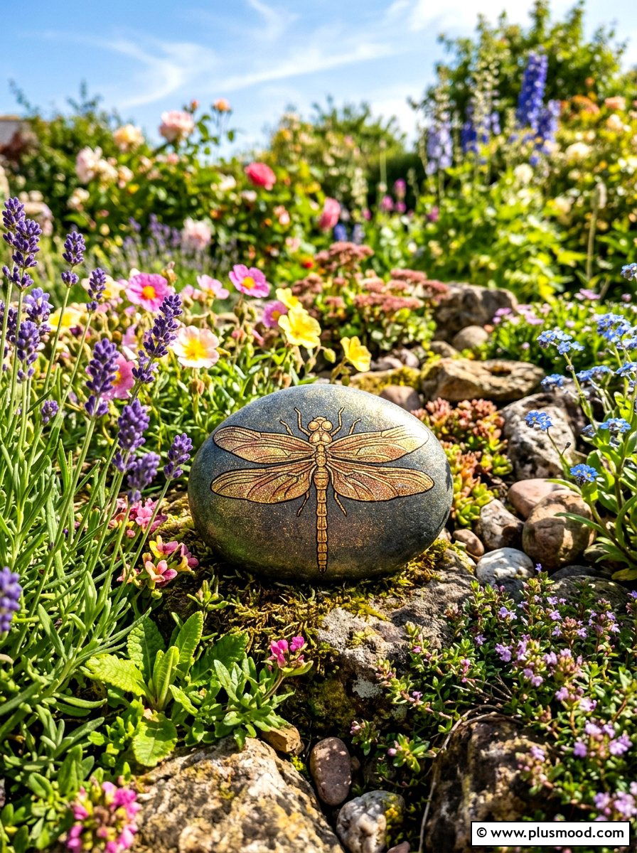 Golden dragonfly rock - 25 painted rock ideas for Japanese garden