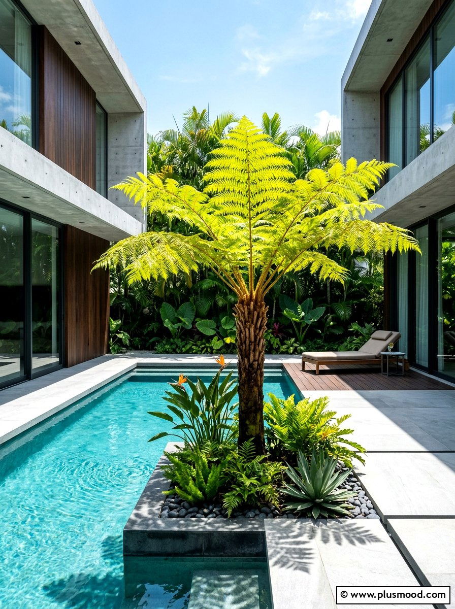 Golden tree fern pool focal point - 25 pool landscaping ideas with ferns