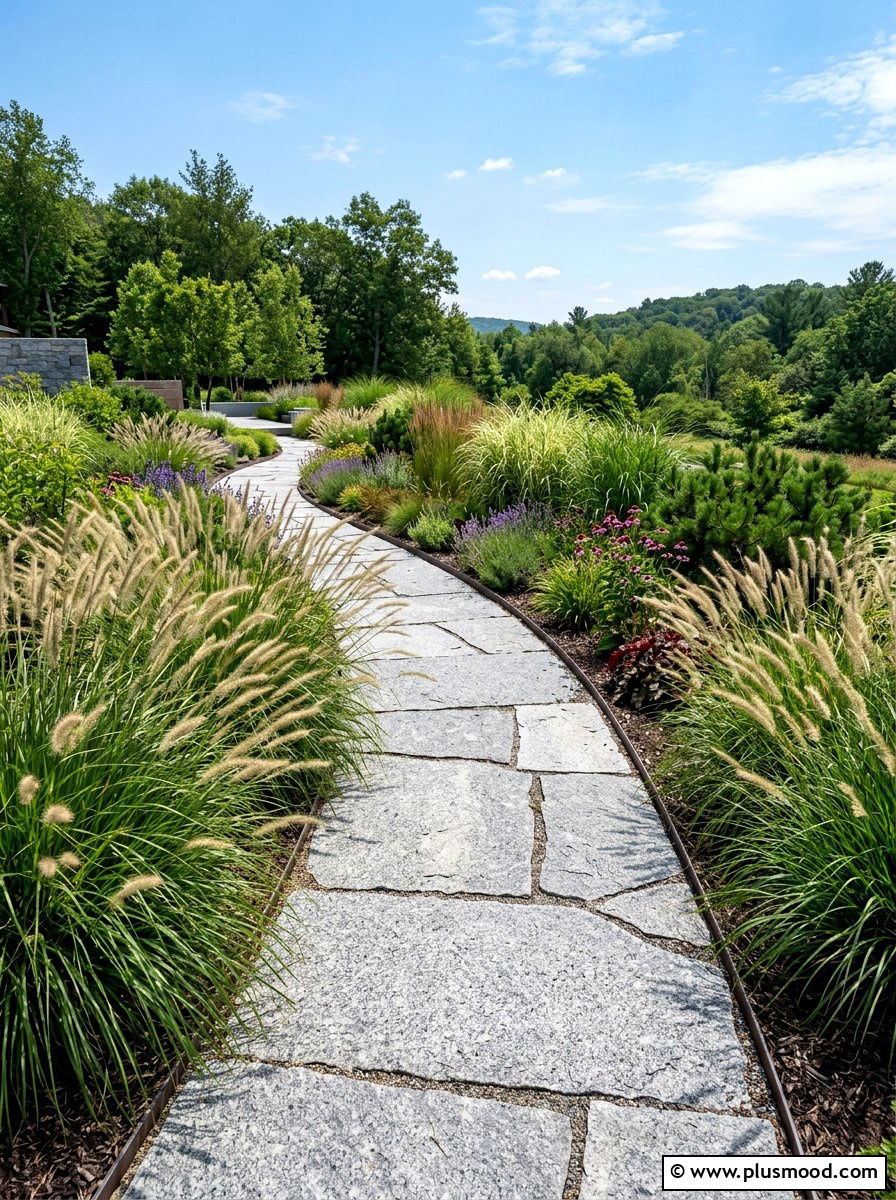 Granite Pathway With Ornamental Grasses - 25 pool landscaping ideas with stone pathway