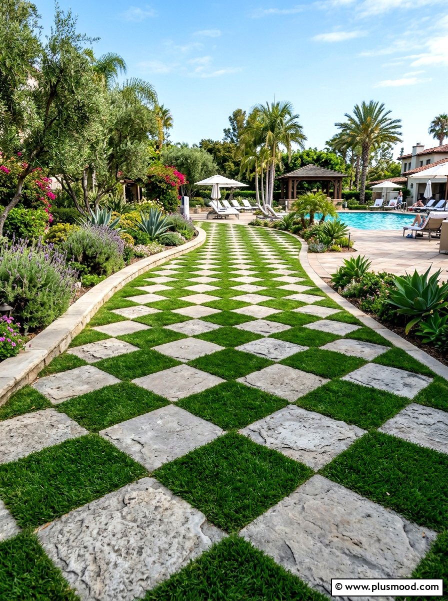 Grass In Between Large Stone Pavers - 25 pool landscaping ideas with stone pathway