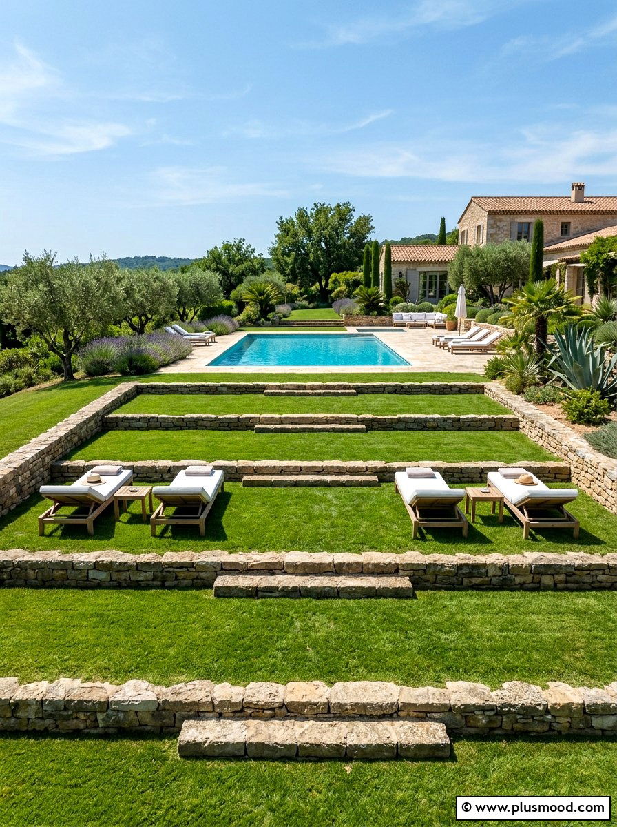 Grass Terrace Steps - 25 pool landscaping ideas for sloped yards