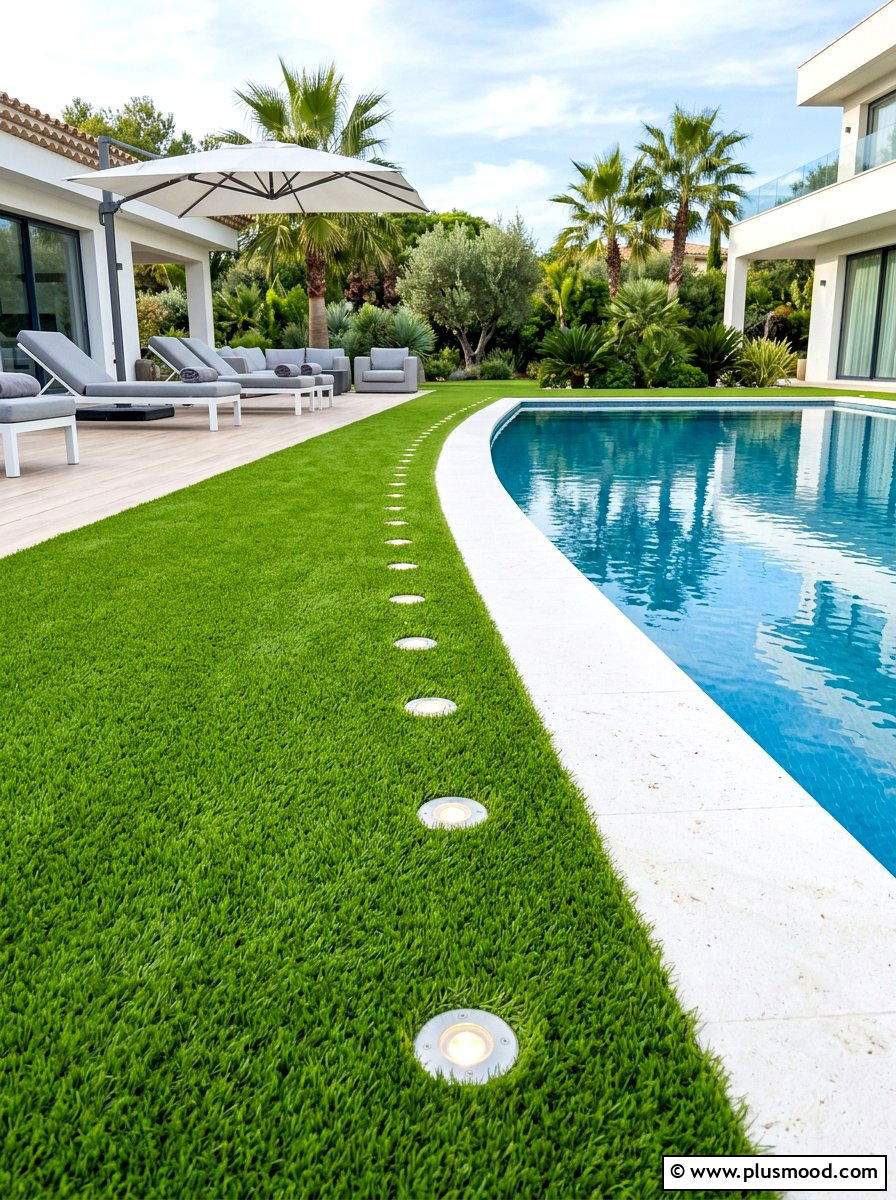Grass Turf Pool Surround With Inset Lighting - 25 pool landscaping ideas with night lighting