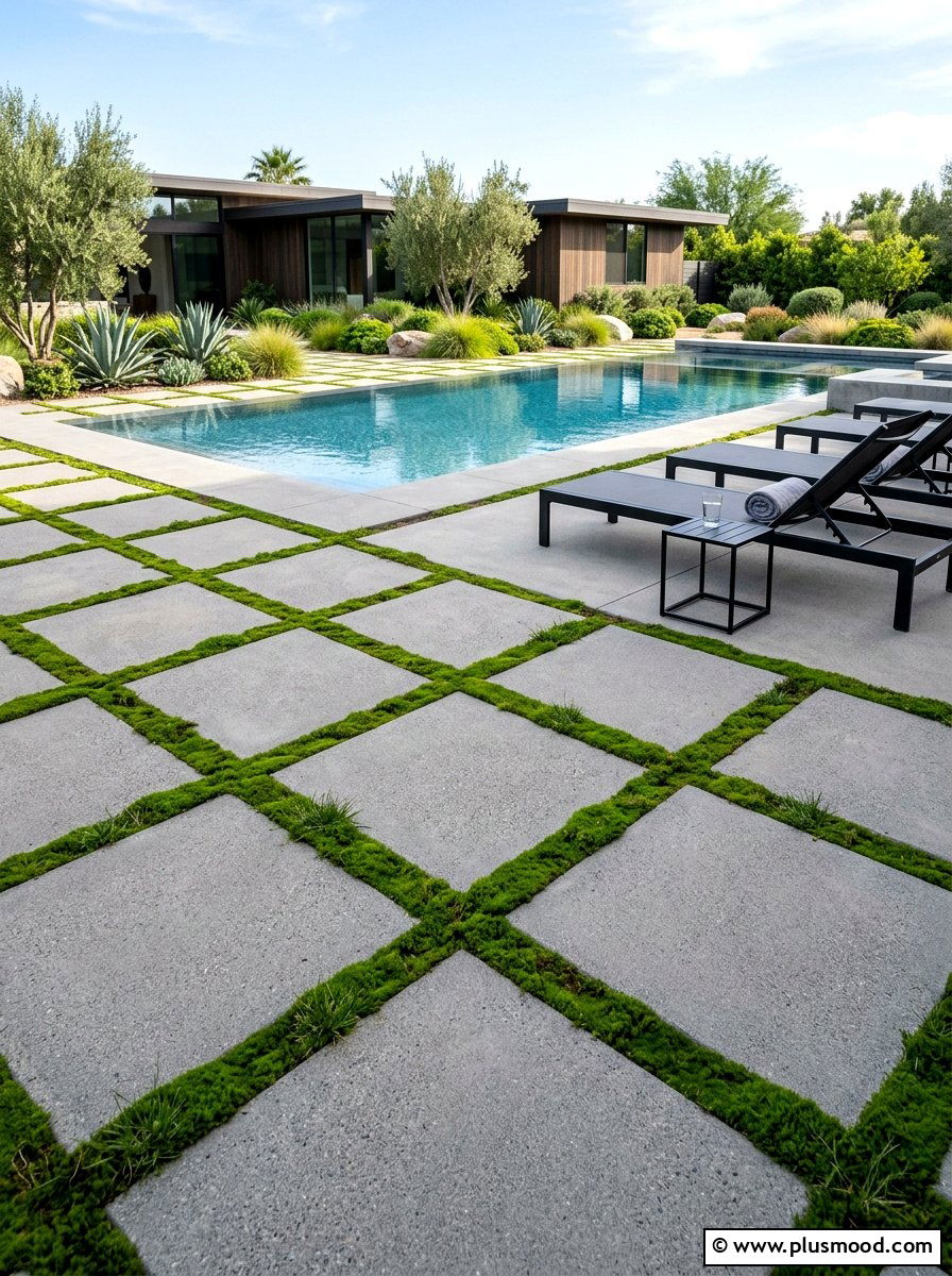 Grass between pavers pool deck - 25 pool landscaping ideas for ranch homes