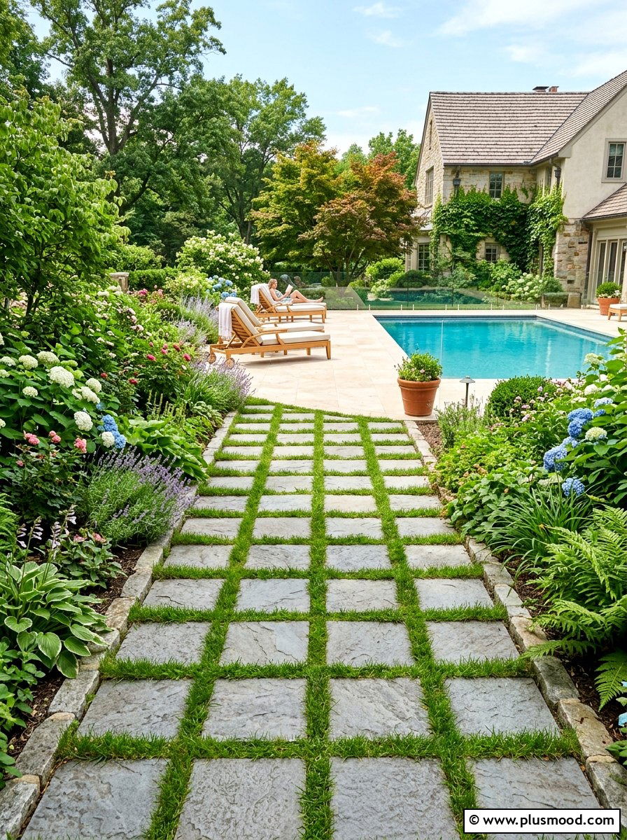Grass inlay pavers - 25 pool landscaping ideas with stepping stones