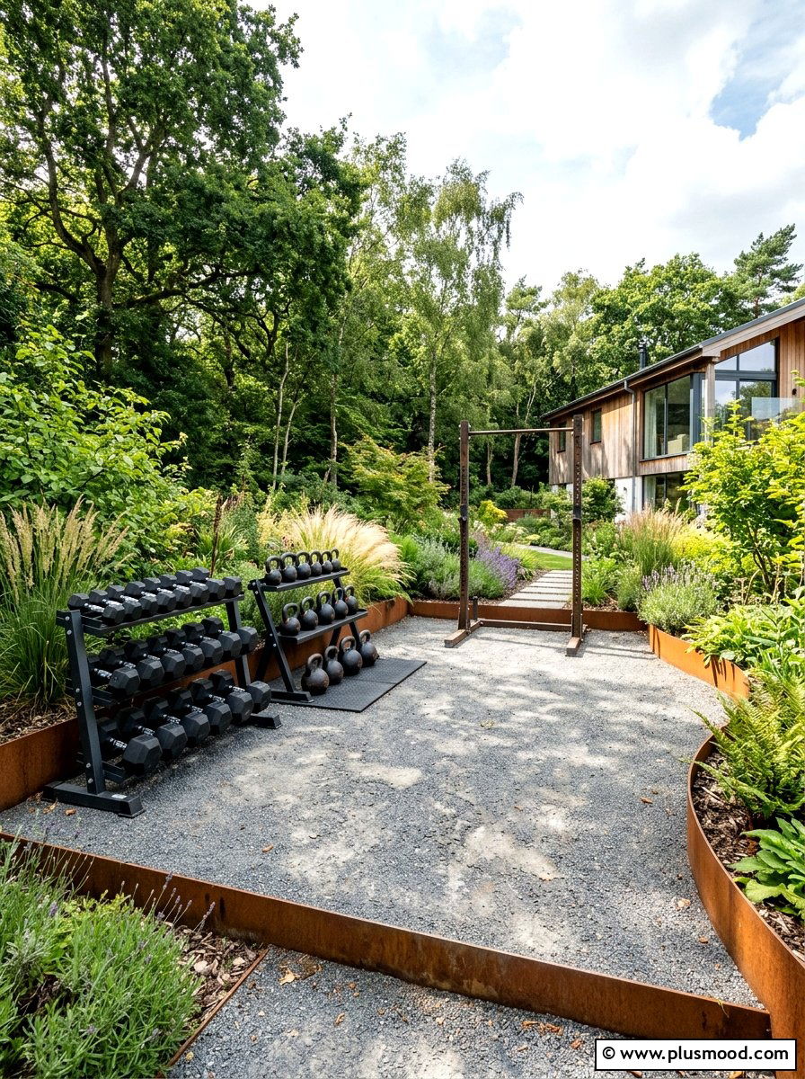 Gravel Base Weight Training - 25 small backyard ideas with outdoor gym