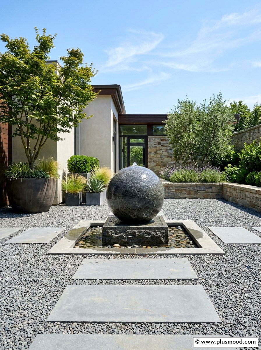 Gravel Courtyard With Sphere Fountain - 25 small backyard ideas with fountain