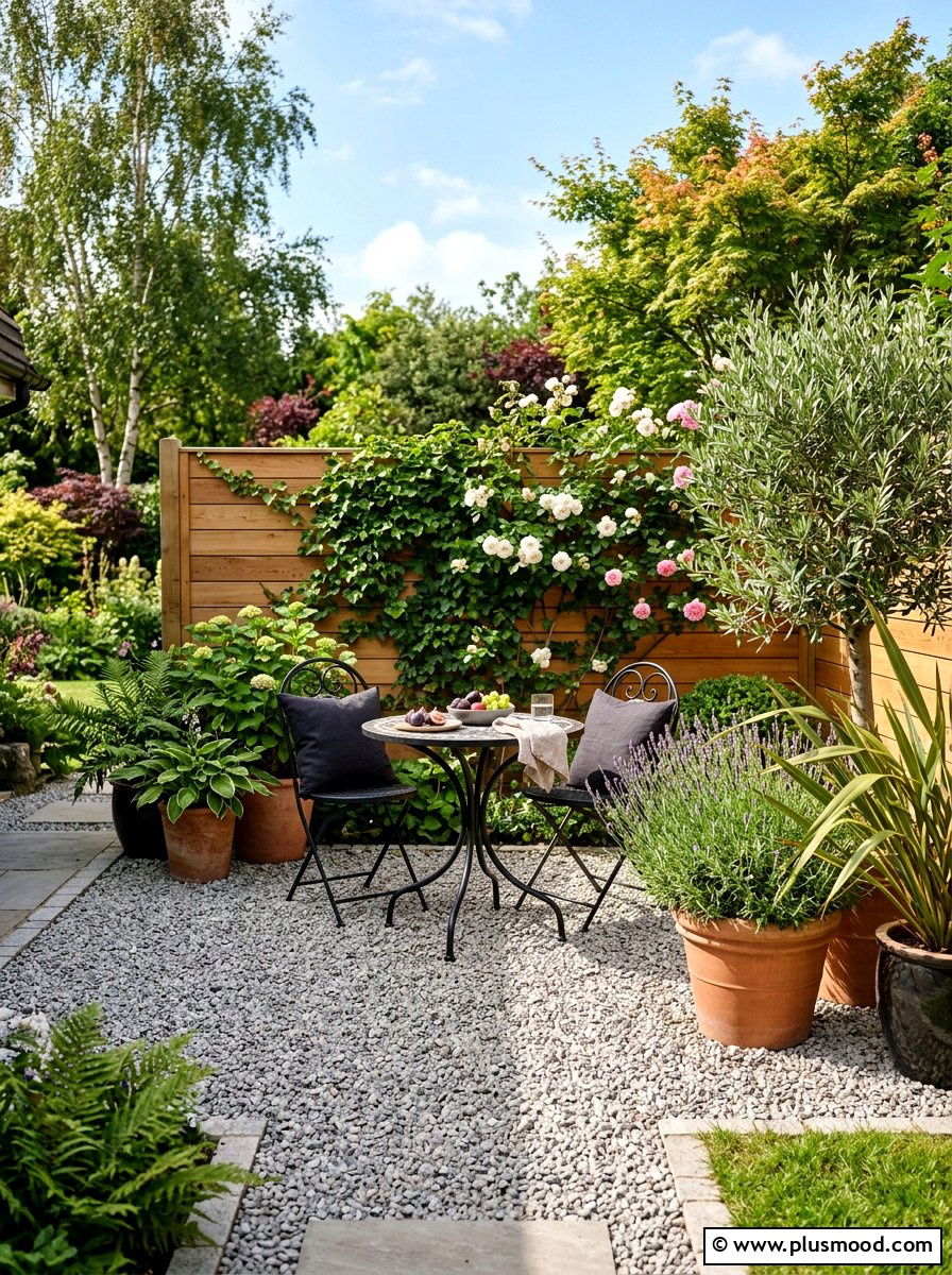 Gravel Patio Area - 25 small backyard ideas low maintenance