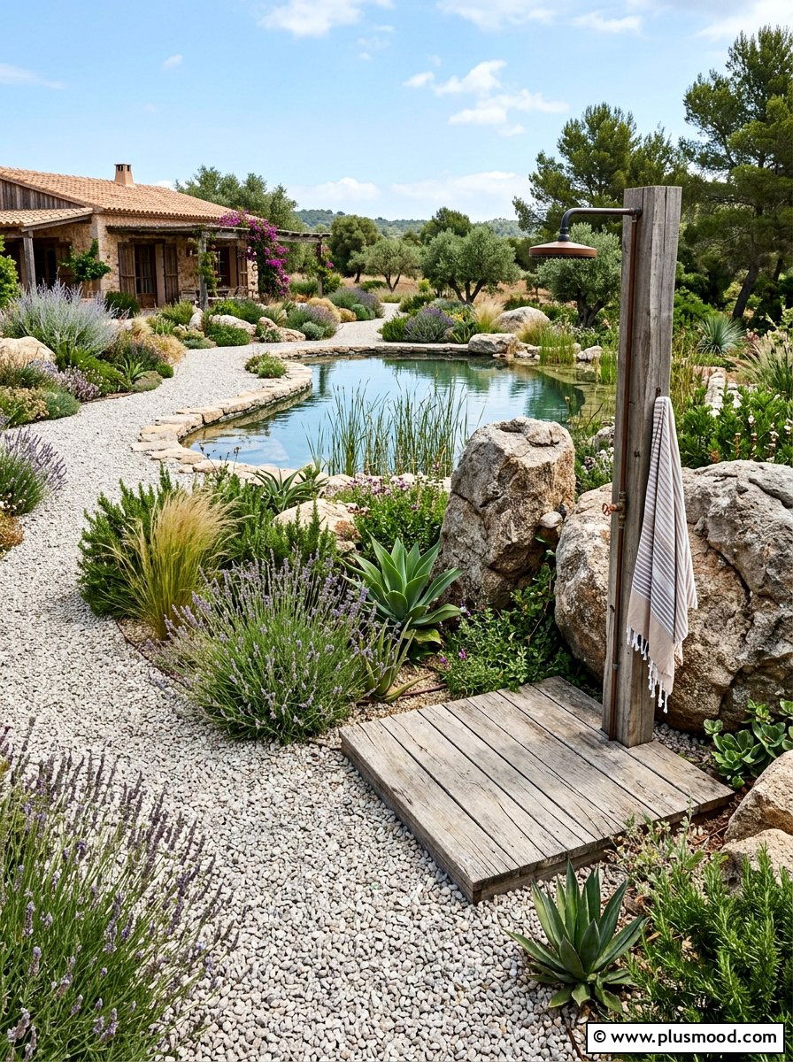 Gravel Pool Landscaping With Simple Shower - 25 pool landscaping ideas with outdoor shower