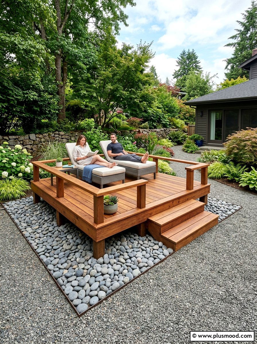 Gravel and wood deck - 25 small backyard ideas with gravel