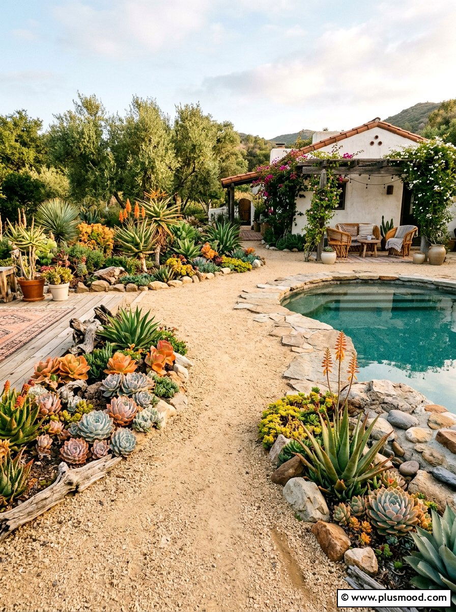 Gravel pool deck with succulents - 25 pool landscaping ideas with cactus garden