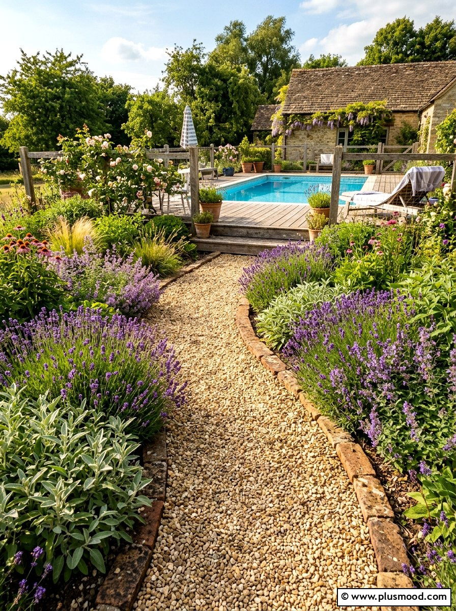 Gravel pool path - 25 pool landscaping ideas for cottagecore theme
