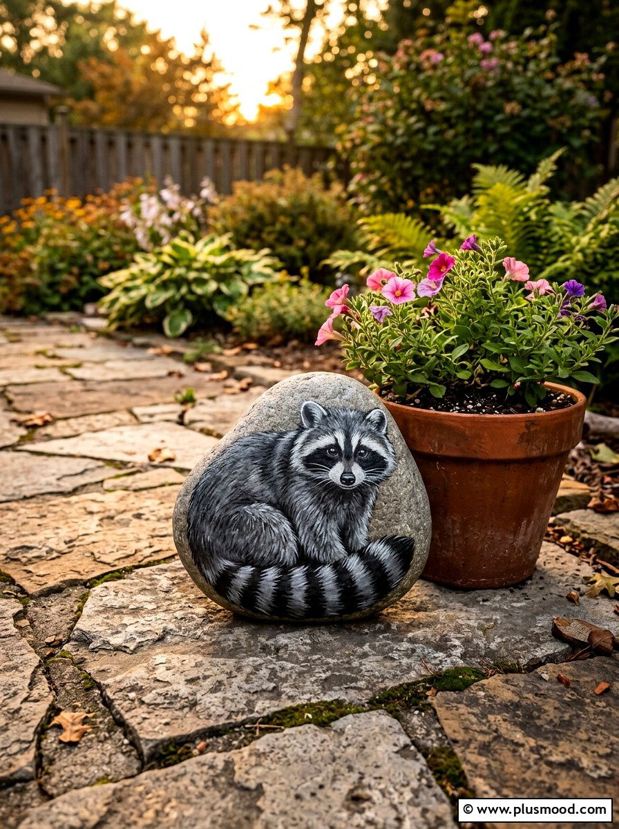 Gray raccoon painted rock - 25 painted rock ideas with forest animals