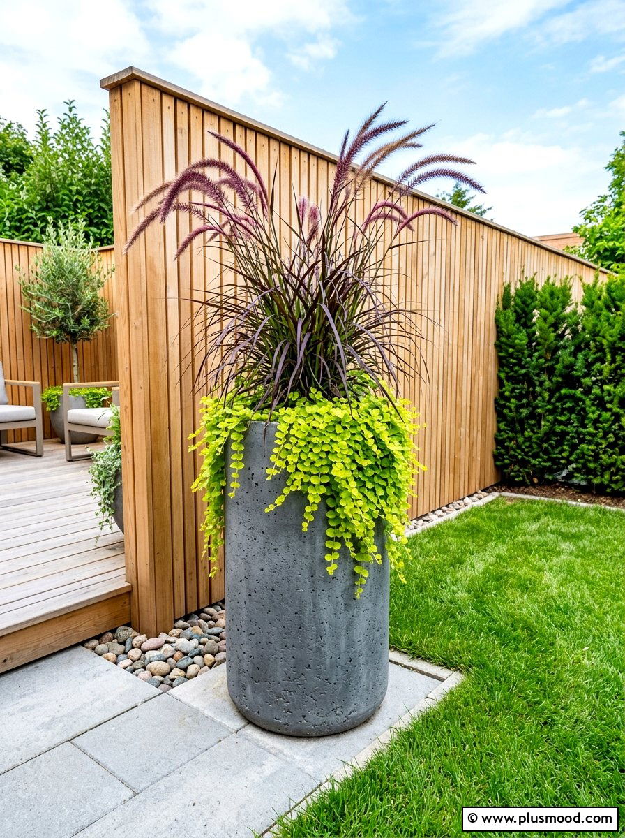 Gray tall round planter - 25 summer tall planter ideas