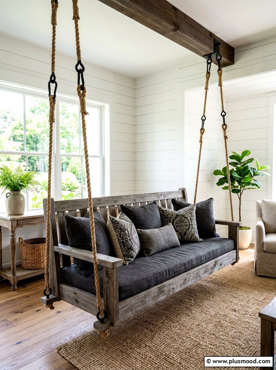 Gray wash wood swing - 25 summer porch swing curb appeal ideas