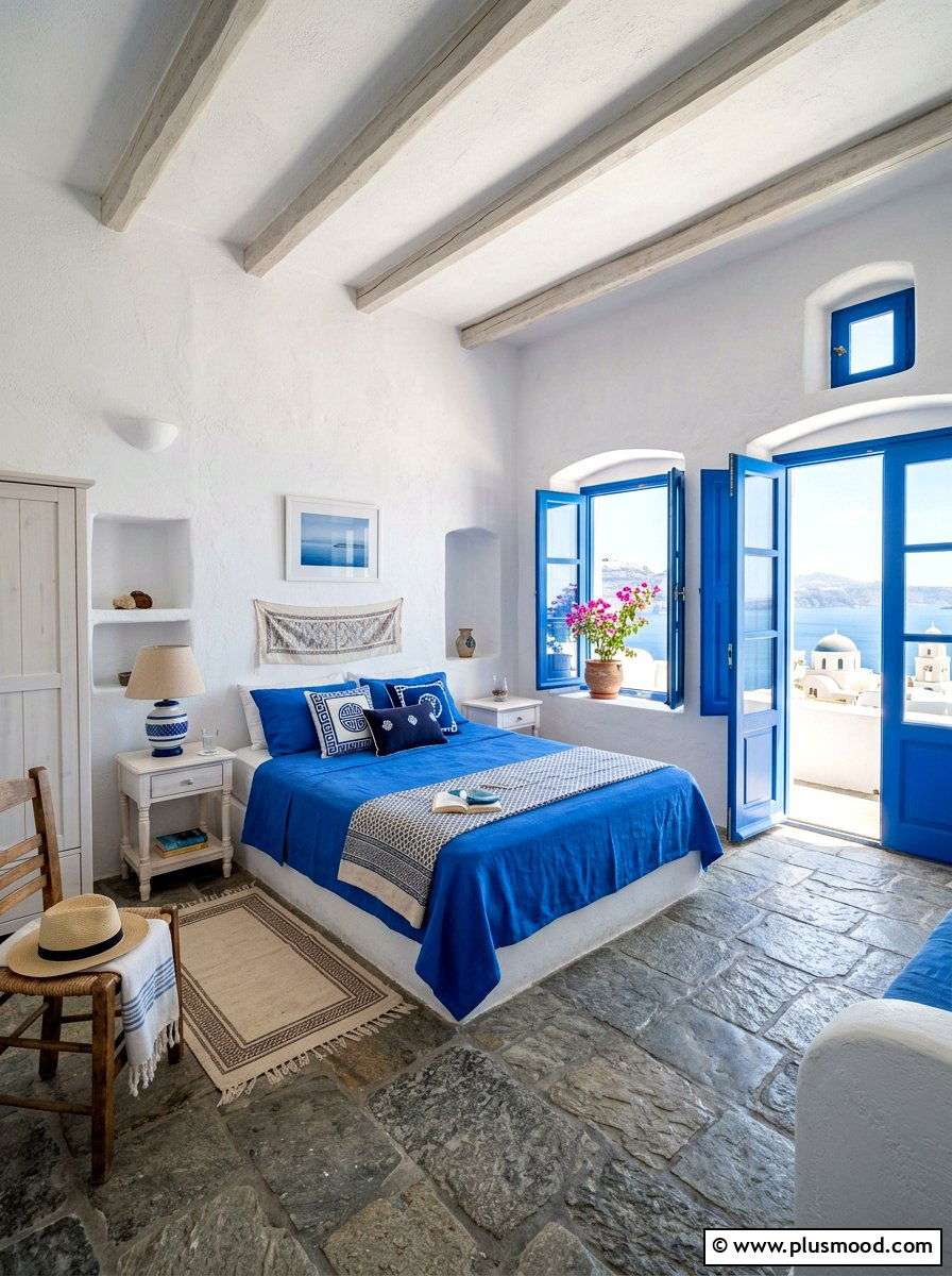 Greek island style bedroom - 25 summer white and blue bedroom ideas
