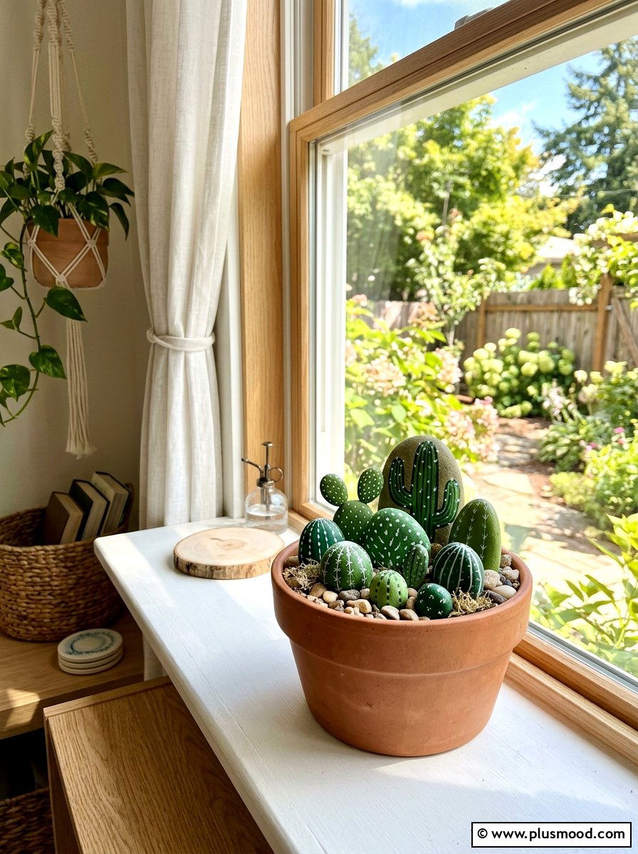 Green Cactus Rock - 25 painted rock ideas for summer decor