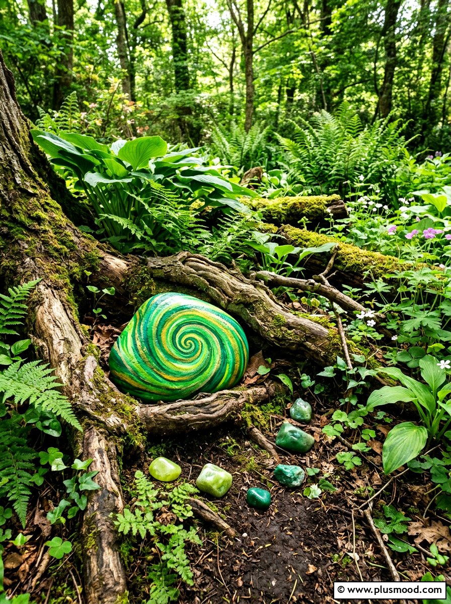 Green and yellow swirl rock painting - 25 painted rock ideas with tie dye effect