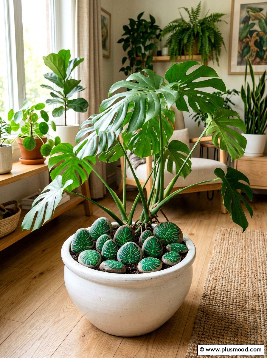 Green leaf botanical stone - 25 painted rock ideas for plant pot decoration