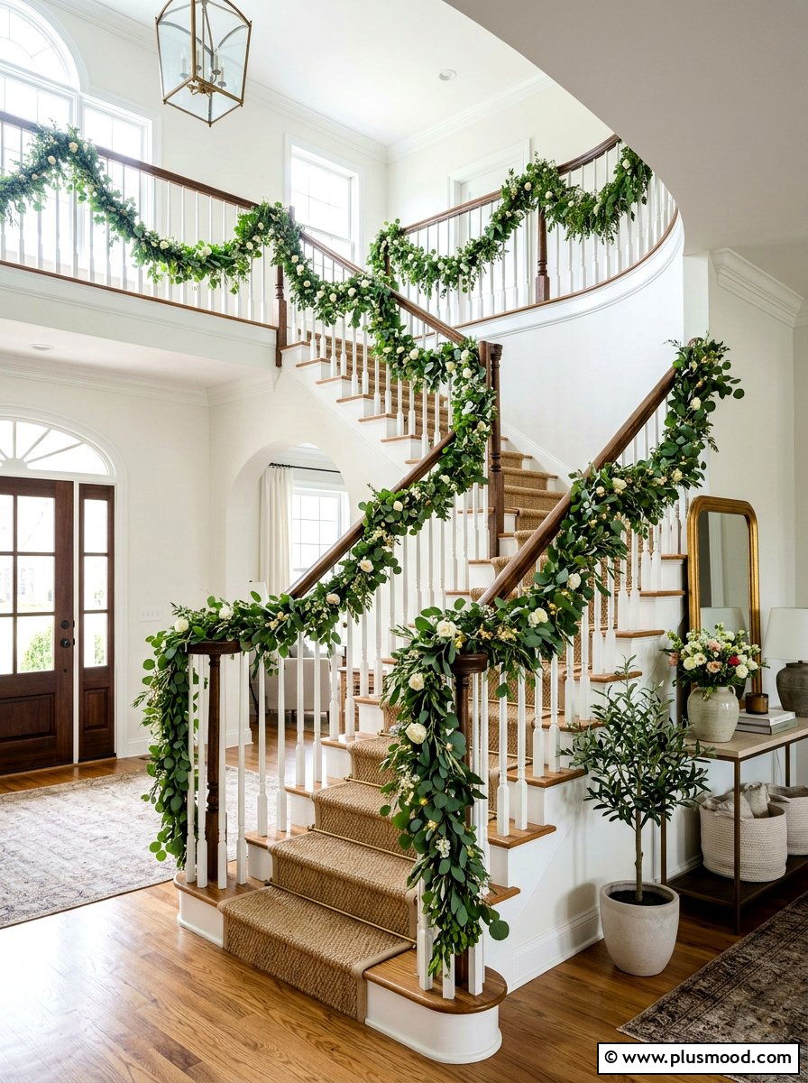 Greenery Garland Staircase Foyer - 25 summer seasonal entry decor ideas