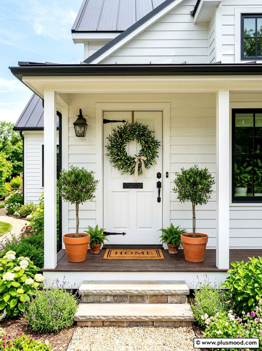 Greenery Wreath Front Door - 25 summer farmhouse decor ideas