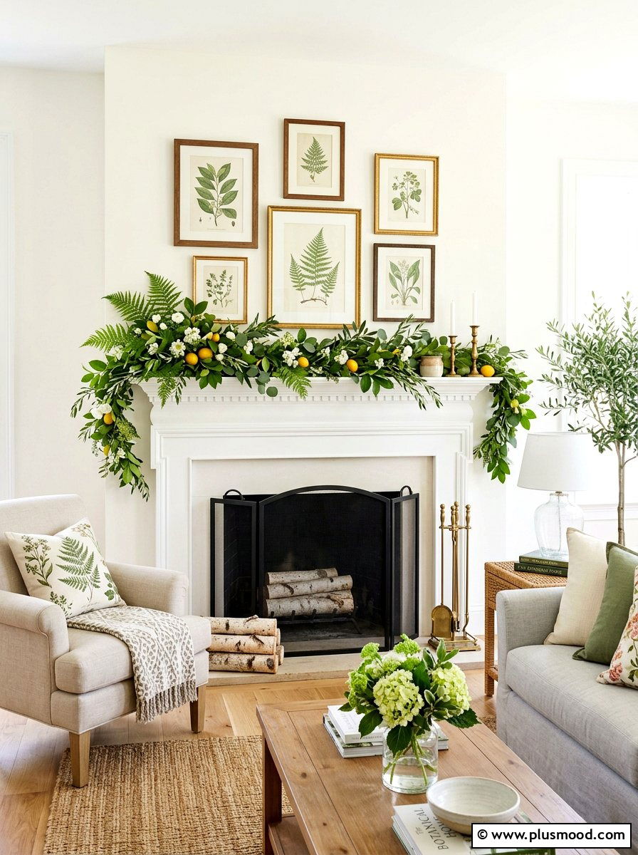 Greenery fireplace garland - 25 summer greenery decor ideas for living room