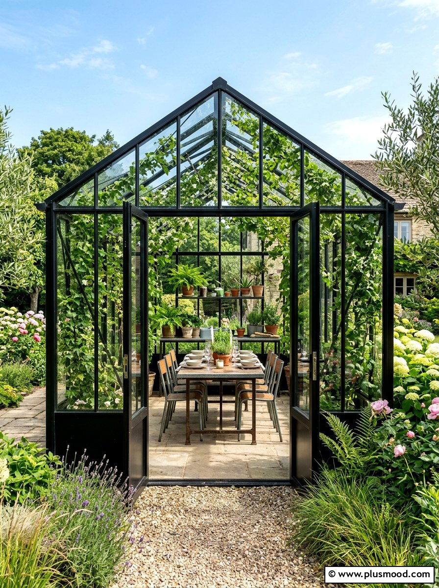 Greenhouse Inspired Dining Area - 25 small backyard ideas with dining area