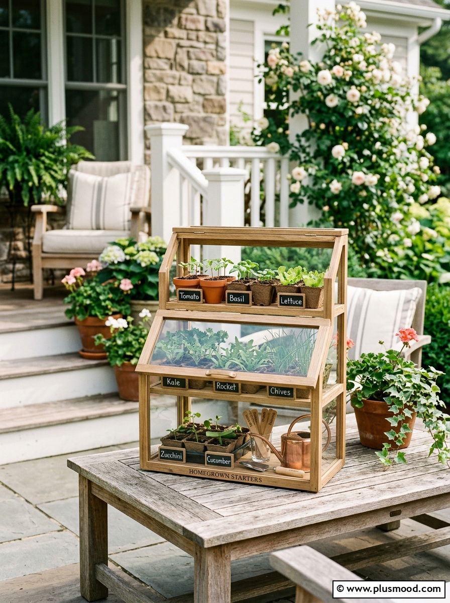 Greenhouse Shelf For Starter Veggies - 25 outdoor garden decor ideas with vegetable display