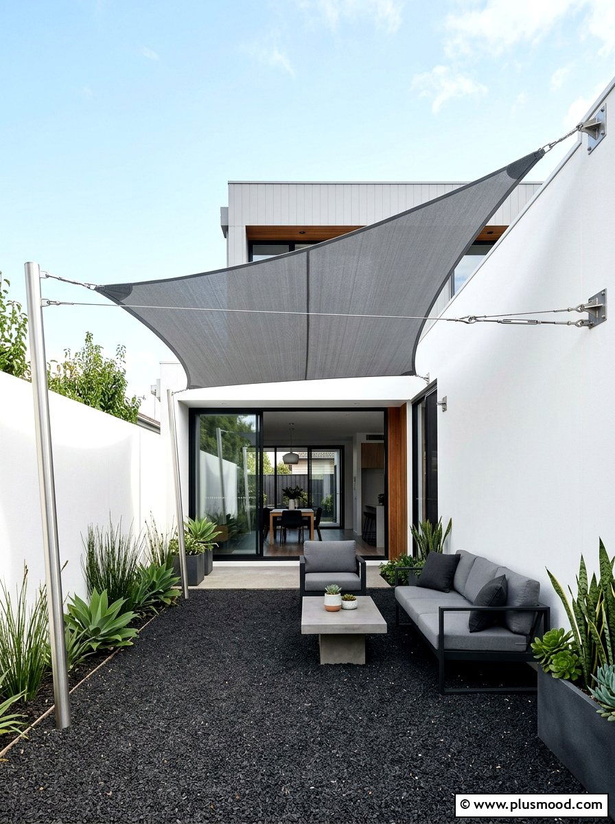 Grey Shade Sail Over Contemporary Courtyard - 25 small backyard ideas with shade sail
