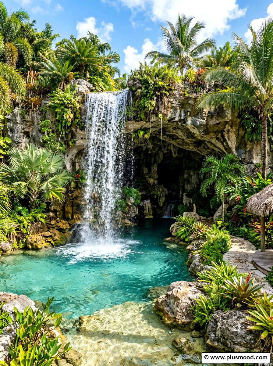 Grotto Style Waterfall Cave - 25 summer water feature backyard ideas