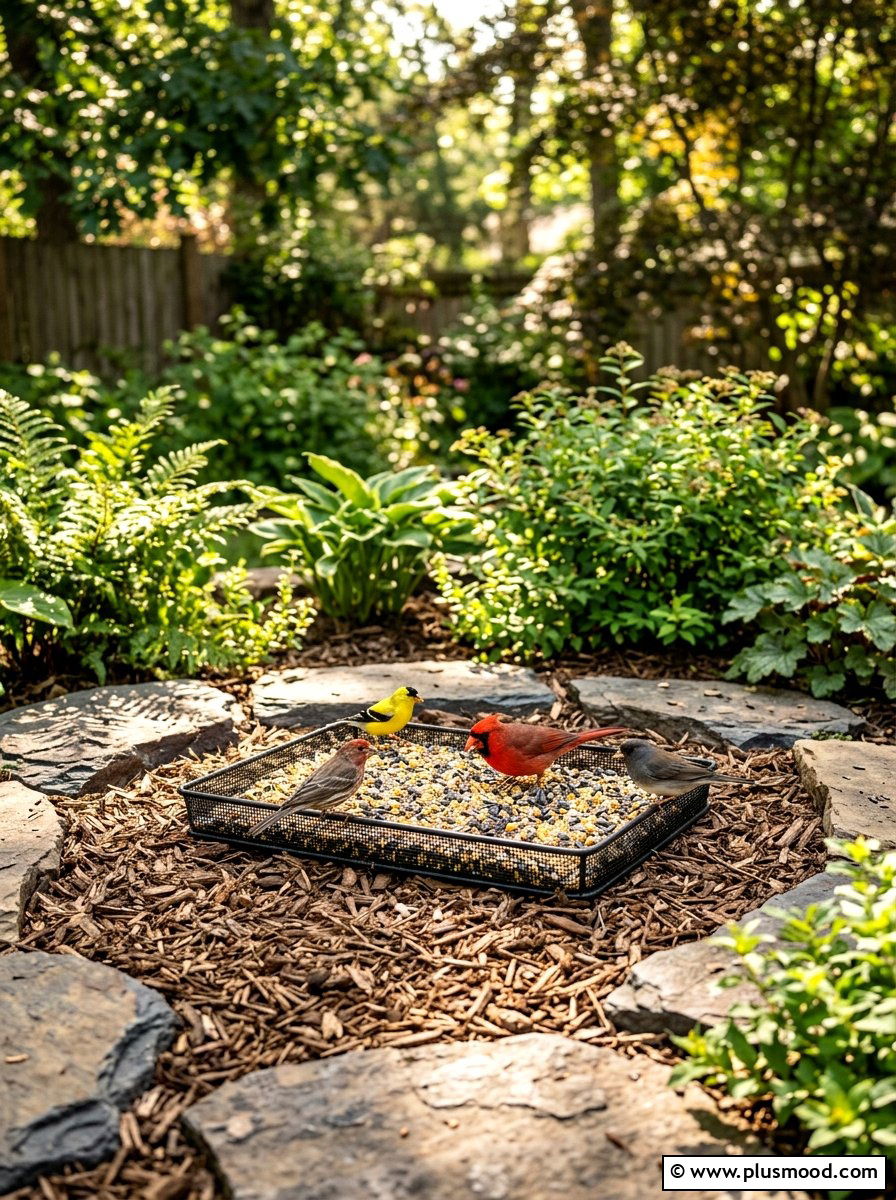 Ground bird feeder tray - 25 small backyard ideas with bird feeders