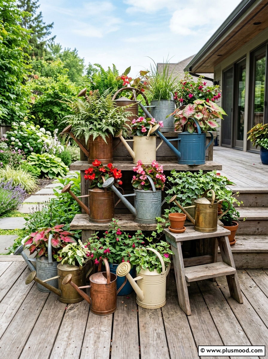 Grouped watering can garden - 25 outdoor garden decor ideas with watering cans