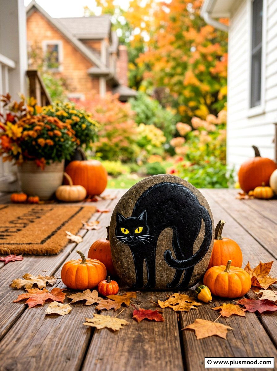 Halloween Black Cat - 25 painted rock ideas with cats