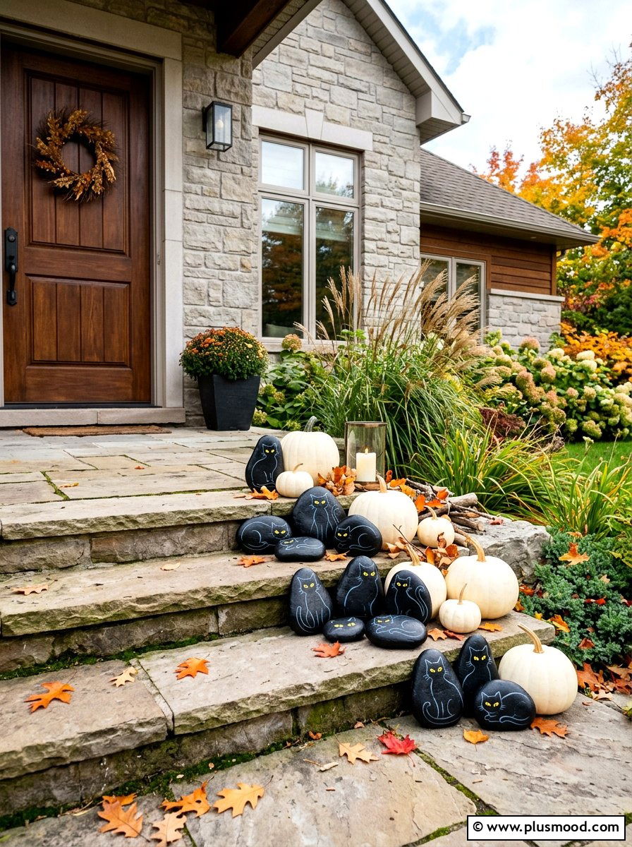 Halloween black cat rock - 25 painted rock ideas with holiday theme