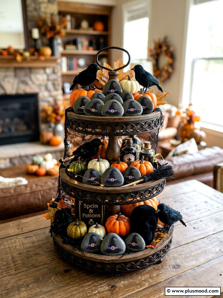 Halloween witch hat rock - 25 painted rock ideas with holiday theme