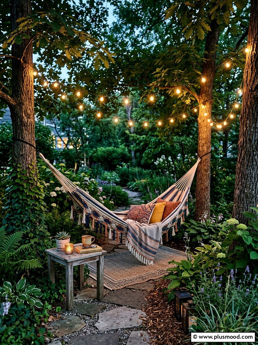 Hammock Area Lights - 25 small backyard ideas with string lights