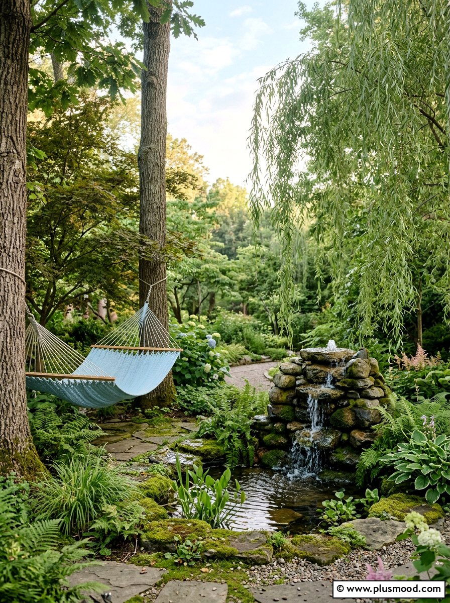 Hammock Near Small Water Feature - 25 small backyard ideas with hammock