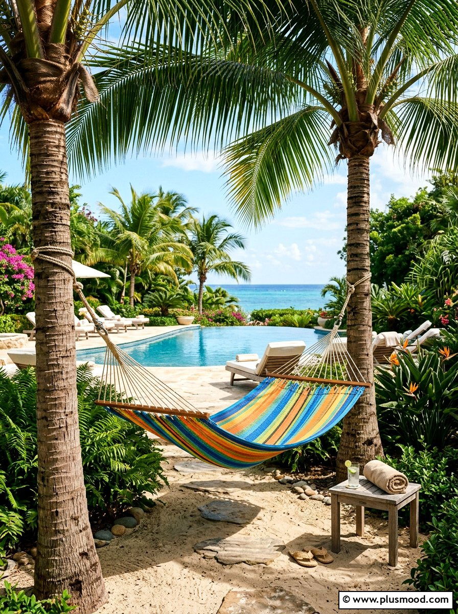 Hammock Station Under Palm Trees - 25 pool landscaping ideas with tropical theme