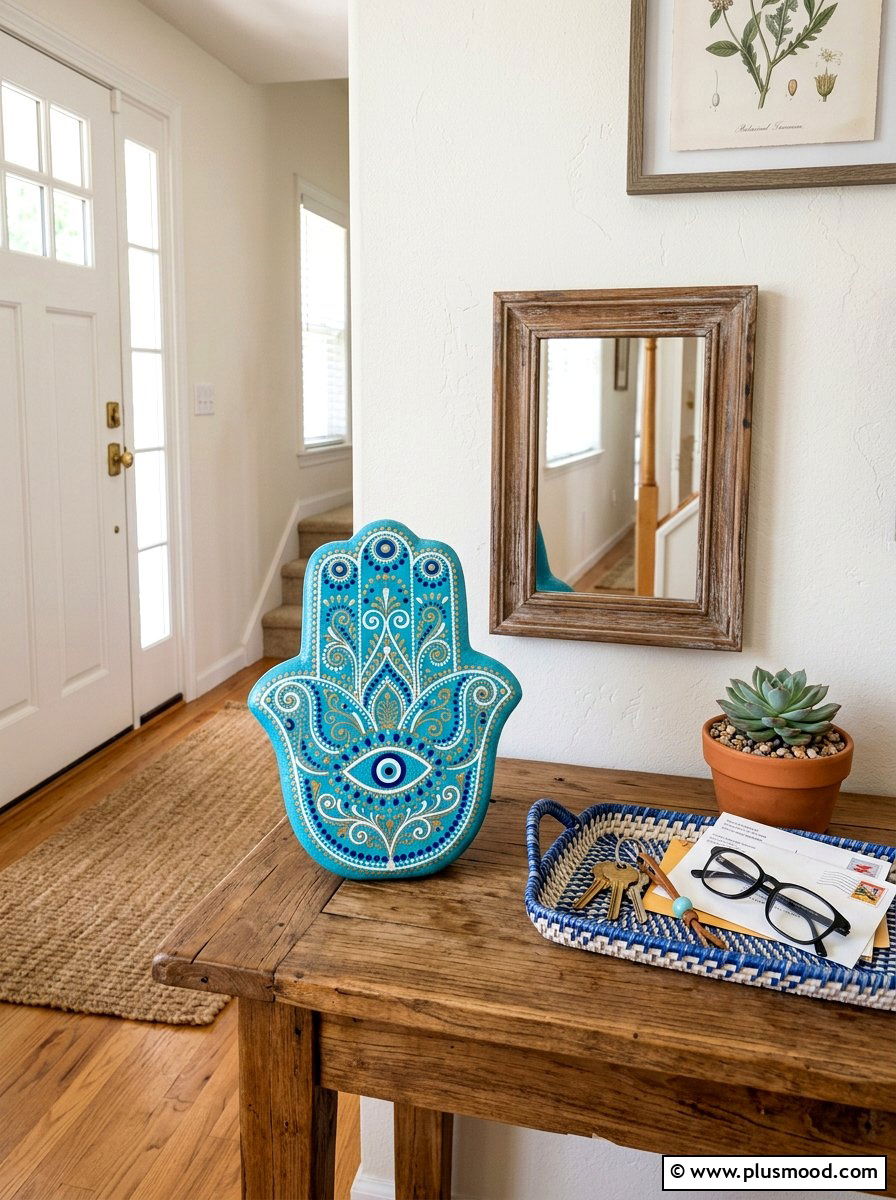 Hamsa Hand Painted Stone - 25 painted rock ideas with boho style