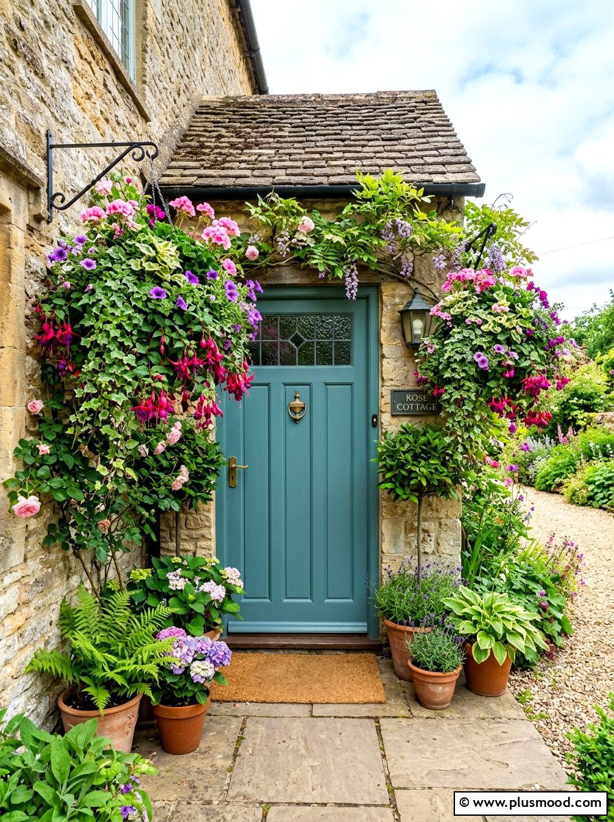 Hanging Basket Entryway - 25 summer front steps decor ideas
