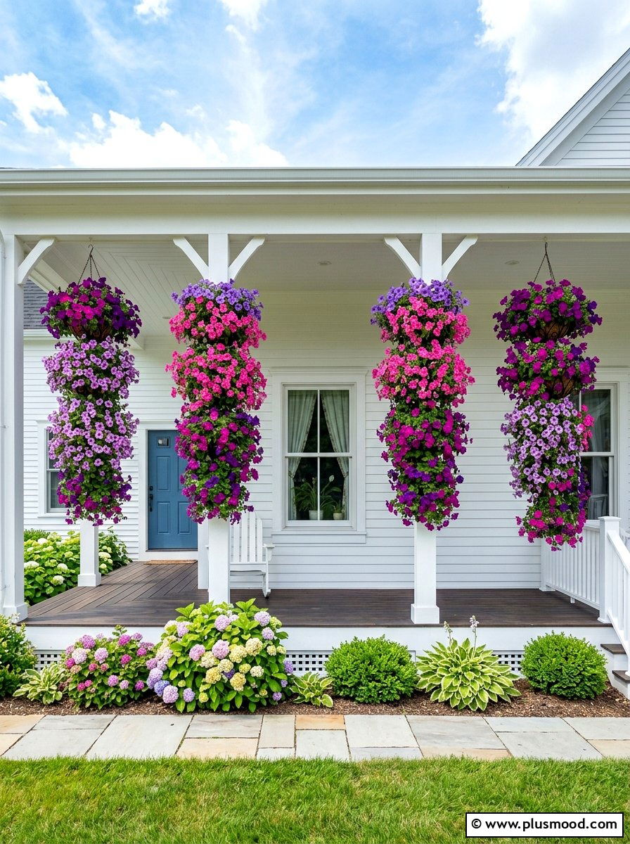 Hanging Basket Petunia Tower - 25 summer flower pot arrangement ideas for front porch