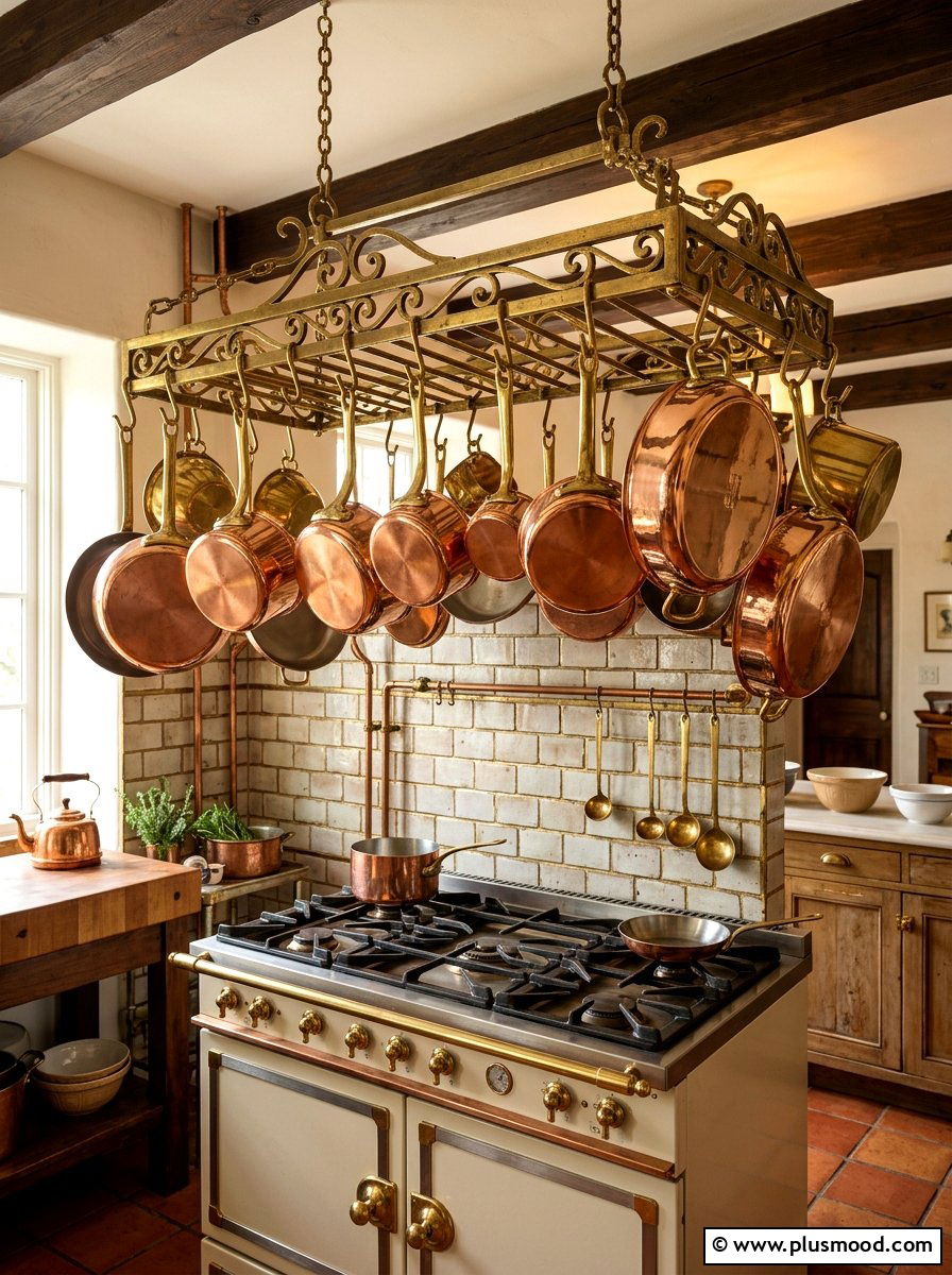 Hanging Brass Pot Rack - 25 summer kitchen decor ideas on a budget