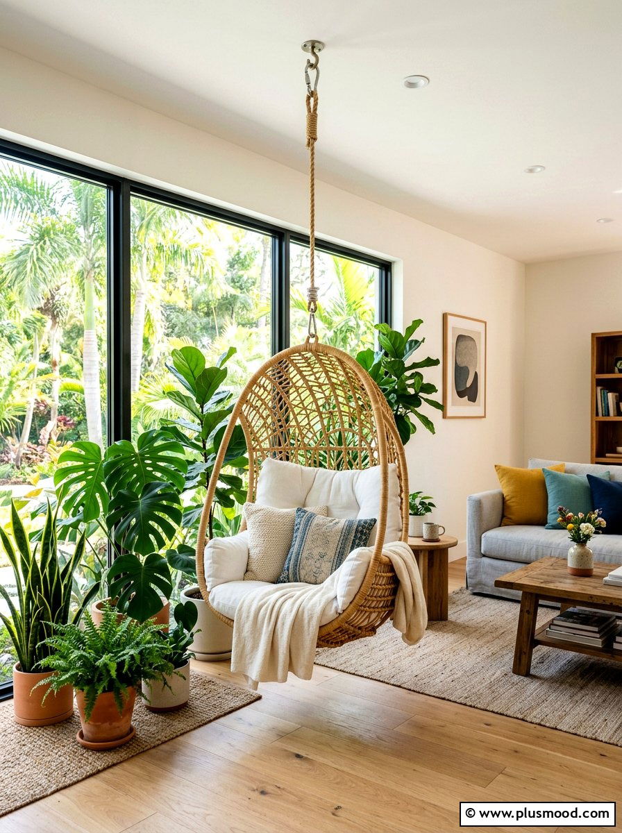 Hanging Egg Chair - 25 summer tropical living room ideas