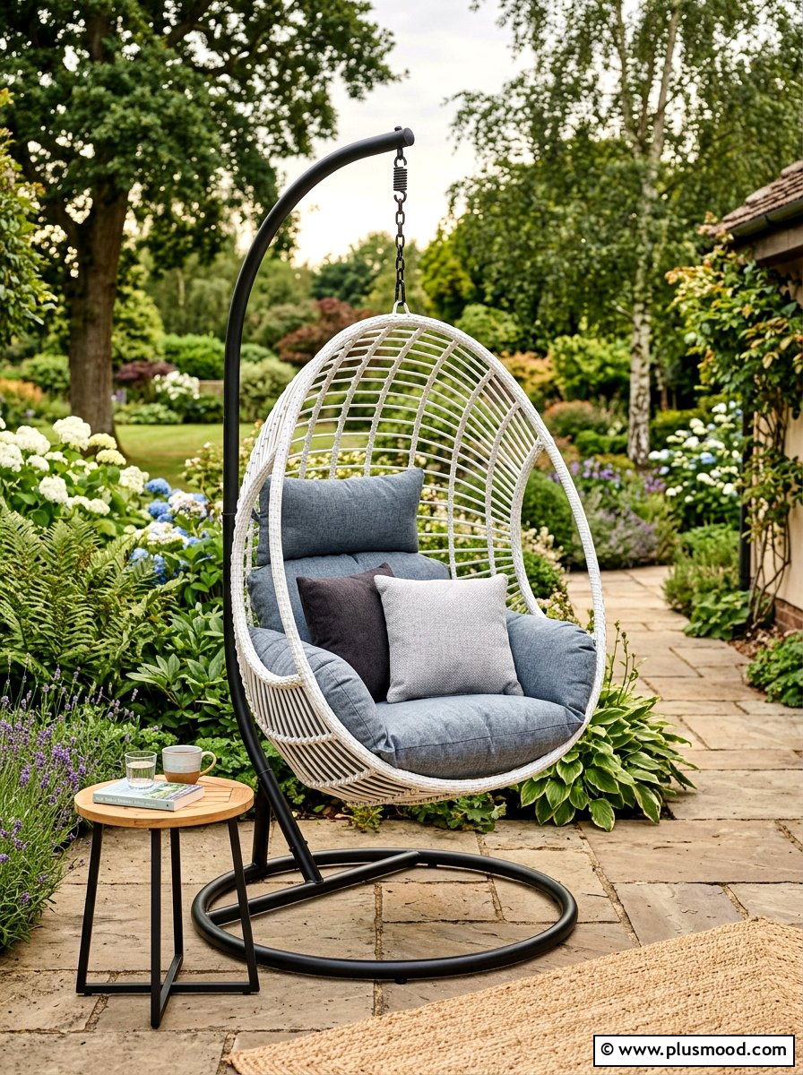 Hanging Egg Chair With Stand - 25 small backyard ideas for rental homes