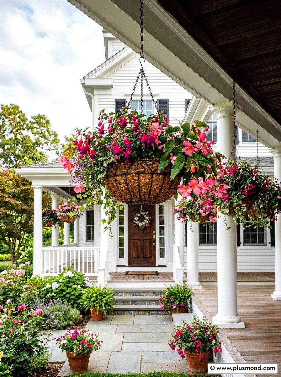 Hanging Flower Basket - 25 summer front steps ideas for summer